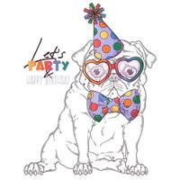 Hand drawn pug dog clown portrait with accessories Vector. Isolated objects for your design. Each object can be changed and moved. vector