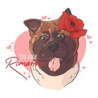 Hand drawn akita dog with flowers Vector. Isolated objects for your design. Each object can be changed and moved. vector