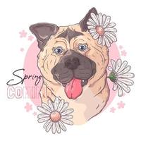 perro akita dibujado a mano con vector de flores. objetos aislados para su diseño. cada objeto se puede cambiar y mover.