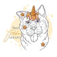 Hand drawn akita dog with unicorn horn Vector. Isolated objects for your design. Each object can be changed and moved. vector