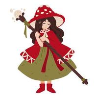 Mushroom witch, with a magic staff, a cape and a fly agaric hat. The enchantress grows boletus. Halloween drawing for poster, cards and more. Vector illustration isolated on white background.