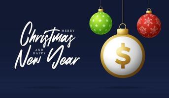 Banner de símbolo de dólar de oro de feliz Navidad. signo de dólar como bola de adorno navideño que cuelga la tarjeta de felicitación. imagen vectorial para navidad, finanzas, día de año nuevo, banca, dinero vector