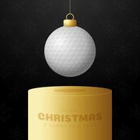 golf Christmas bauble pedestal. Merry Christmas sport greeting card. Hang on a thread golf ball as a xmas ball on golden podium on black background. Sport Vector illustration.