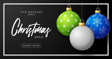 Banner de venta de navidad de golf. Feliz Navidad tarjeta de felicitación deportiva. colgar de una pelota de golf de hilo como una bola de Navidad y adornos de colores sobre fondo horizontal. Ilustración de vector de deporte.