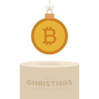 bitcoin Christmas bauble pedestal. Merry Christmas money greeting card. Hang on a thread coin bitcoin ball as a xmas ball on golden podium on white background. Economy Vector illustration.