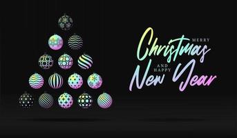 árbol de navidad creativo hecho por brillantes bolas de degradado holográfico sobre fondo negro para la celebración de navidad y año nuevo. banner de ilustración vectorial de navidad vector