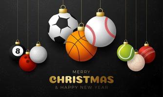 Sport christmas greeting card. Christmas card with sport baseball, basketball, football, tennis, cricket, soccer, volleyball, bowling, billiard balls hang on a thread. Vector illustration