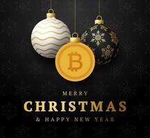 Merry Christmas gold bitcoin symbol banner. bitcoin sign as christmas bauble ball hanging greeting card. Vector image for xmas, finance, new years day, banking, money