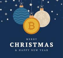 Merry Christmas bitcoin symbol banner. bitcoin sign as christmas bauble ball hanging greeting card. Vector image for xmas, finance, new years day, banking, money