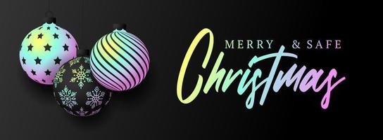 Christmas greeting card Holographic foil bauble ball. Merry Christmas and Happy New Year banner with iridescent realistic festive ball gradient holographic neon shade color. Vector illustration
