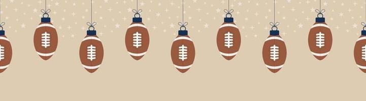 Christmas football seamless horizontal pattern. Hang on a thread flat cartoon as a Christmas rugby ball on horizontal background. Sport Vector illustration.