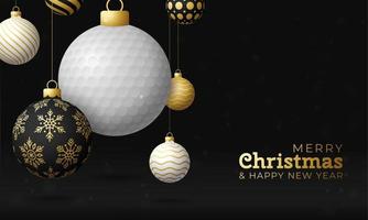 tarjeta de navidad de golf. Feliz Navidad tarjeta de felicitación deportiva. colgar de una pelota de golf de hilo como una bola de Navidad y adorno dorado sobre fondo negro horizontal. Ilustración de vector de deporte.