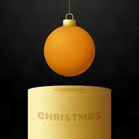 Ping pong Christmas bauble pedestal. Merry Christmas sport greeting card. Hang on a thread table tennis ball as a xmas ball on golden podium on black background. Sport Vector illustration.