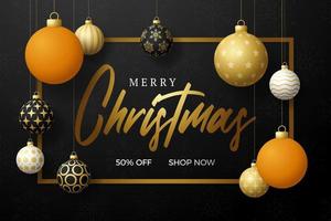 ping pong Christmas sale banner. Merry Christmas sport greeting card. Hang on a thread table Tennis ball as a xmas ball and golden bauble on black horizontal background. Sport Vector illustration.