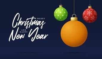 ping pong feliz navidad y próspero año nuevo tarjeta de felicitación deportiva de lujo. pelota de tenis de mesa como una bola de navidad en el fondo. ilustración vectorial. vector