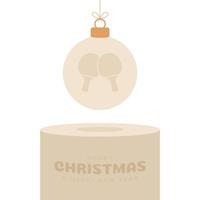 Ping pong Christmas bauble pedestal. Merry Christmas sport greeting card. Hang on a thread table tennis ball as a xmas ball on golden podium on black background. Sport Vector illustration.