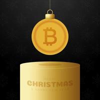 bitcoin Christmas bauble pedestal. Merry Christmas money greeting card. Hang on a thread coin bitcoin ball as a xmas ball on golden podium on black background. Economy Vector illustration.