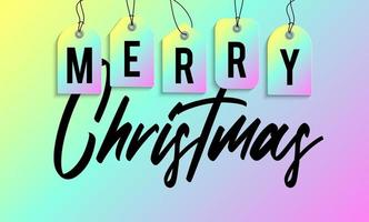 banner de etiqueta de venta de Navidad. Ilustración de vector de etiqueta de venta de feliz Navidad de color iridiscente brillante holográfico.