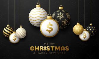 Banner de símbolo de dólar de oro de feliz Navidad. signo de dólar como bola de adorno navideño que cuelga la tarjeta de felicitación. imagen vectorial para navidad, finanzas, día de año nuevo, banca, dinero vector