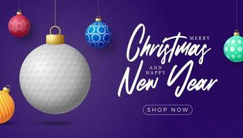 tarjeta de navidad de golf. Feliz Navidad tarjeta de felicitación deportiva. colgar de una pelota de golf de hilo como una bola de Navidad y adornos de colores sobre fondo horizontal. Ilustración de vector de deporte.
