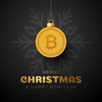 Merry Christmas gold bitcoin symbol banner. bitcoin sign as christmas bauble ball hanging greeting card. Vector image for xmas, finance, new years day, banking, money