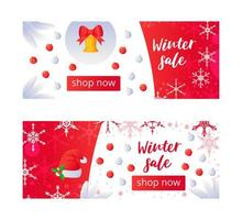 banner de navidad rojo premium con copos de nieve geométricos vector