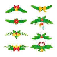 Set of Christmas headers or dividers Pine branch holly fir bell flower balls in cartoon style