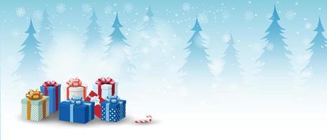 Christmas banner with copy space for text. Background Xmas design of realistic  gifts boxes. Horizontal christmas poster, greeting card, headers for website