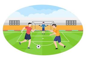 jugar al fútbol con los niños jugar al fútbol usar uniforme deportivo varios movimientos como patear, sostener, defender, parar y atacar en el campo. ilustración vectorial vector