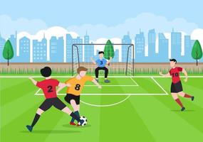 jugar al fútbol con los niños jugar al fútbol usar uniforme deportivo varios movimientos como patear, sostener, defender, parar y atacar en el campo. ilustración vectorial vector