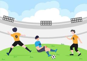 Playing Football with One of the Players Injured on his Leg when play on the Field and Dismissed by the Officer. Vector Illustration