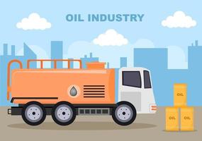 Ilustración de vector de industria de gas de petróleo. extracción de crudo, planta de refinería, perforación, estación de servicio, tubería de uso de tanque y entrega de combustible por transporte en camión