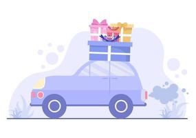 Entrega en línea de regalos por mensajero y cliente puerta a puerta, uso de transporte en automóvil en la ilustración de vector de fondo de estilo plano