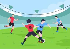 jugar al fútbol con los niños jugar al fútbol usar uniforme deportivo varios movimientos como patear, sostener, defender, parar y atacar en el campo. ilustración vectorial vector