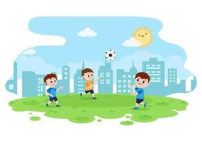 jugar al fútbol con los niños jugar al fútbol usar uniforme deportivo varios movimientos como patear, sostener, defender, parar y atacar en el campo. ilustración vectorial vector