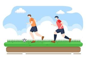 jugar al fútbol con los niños jugar al fútbol usar uniforme deportivo varios movimientos como patear, sostener, defender, parar y atacar en el campo. ilustración vectorial vector