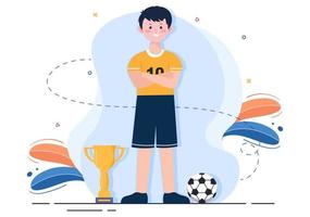 Play Football with Soccer Team Players Celebrate Their Victory in Matches and Get Gold Trophies. Vector Illustration