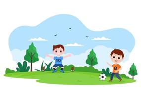 jugar al fútbol con los niños jugar al fútbol usar uniforme deportivo varios movimientos como patear, sostener, defender, parar y atacar en el campo. ilustración vectorial vector