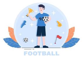 Play Football with Soccer Team Players Celebrate Their Victory in Matches and Get Gold Trophies. Vector Illustration