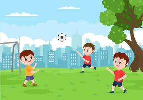 Playing Football with Boys Play Soccer Wear Sports Uniform Various Movements Such as Kicking, Holding, Defending, Parrying and Attacking in Field. Vector Illustration