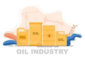 Oil Gas Industry Vector Illustration. Crude Extraction, Refinery Plant, Drilling, Gas Station, Tank use Pipe and Delivery of Fuel by Truck Transportation