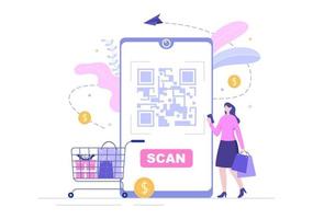 QR Code Scanner for Online Payment, Electronic Pay and Money Transfer on Smartphone with App in Hand. Background Vector Illustration