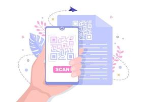 Escáner de código QR para pago en línea, pago electrónico y transferencia de dinero en un teléfono inteligente con la aplicación en la mano. ilustración vectorial de fondo vector