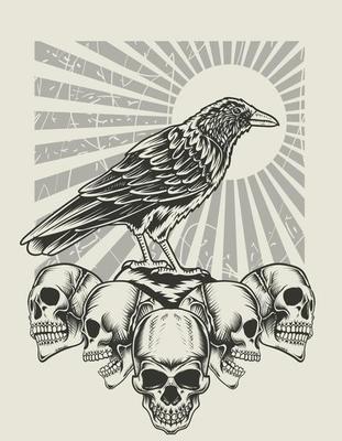 illustration crow bird with skull head monochrome style