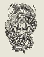 illustration red oni mask with snake monochrome style vector