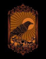 illustration crow bird with skull head vector