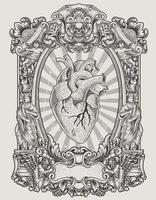 illustration human heart with antique engraving ornament vector