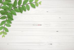 Wood texture background with green leaves.  Vector illustration.