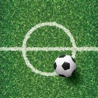 Soccer football ball on green grass of soccer field with center line area. Illustration graphic. photo