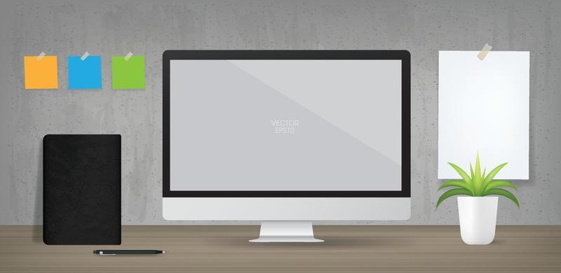 Computer display background in working area. Business background for interior design and decoration. Vector.